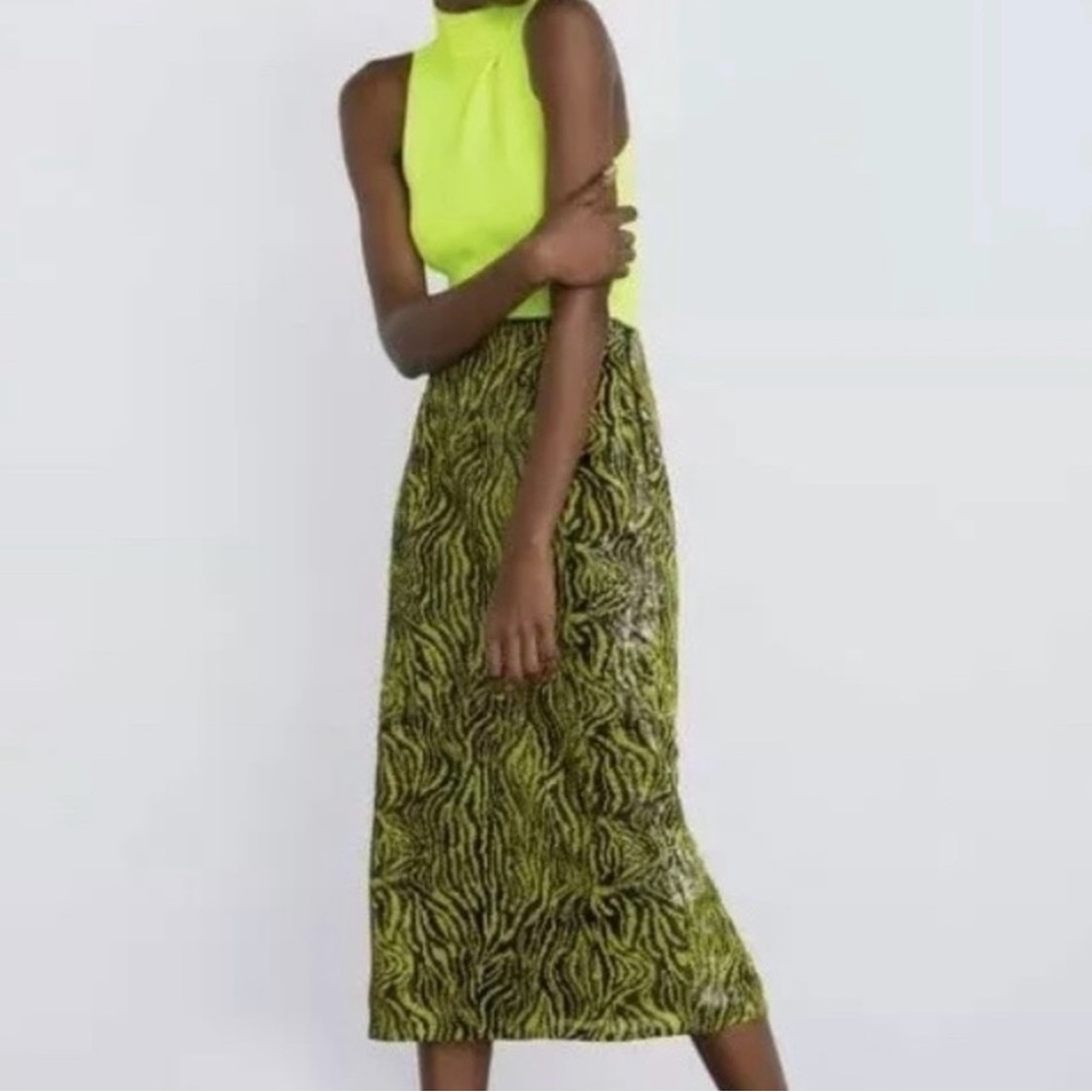 ZARA Lime Green & Black Sequin MIDI Skirt Medium